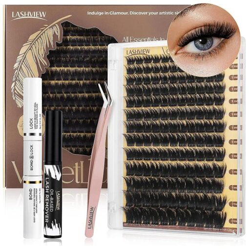 LASHVIEW DIY Eyelash Extension Kit, Fluffy Lash Extension Kit D Curl 9-18mm mix Clusters with Bond & Seal, Remover and Applicator DIY Lash Extensions for Easy at Home Application Style NM04