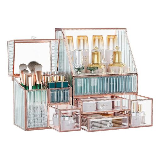 Tempered Glass Makeup Organizer Countertop - Multi-Functional 3-in-1 Cosmetic Organizer for Skincare, Lipstick, Brushes - Vanity Organizer & Bathroom Organizer and Skincare Organizer .