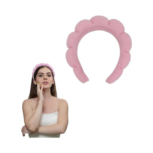 Spa Headband for Washing Face, Cute Pink Makeup Headband, Puffy Spa Headband, Terry Towel Cloth, Versed Headband, Bubble Skincare Headband, Sponge Spa Facial Headband ( Pink )