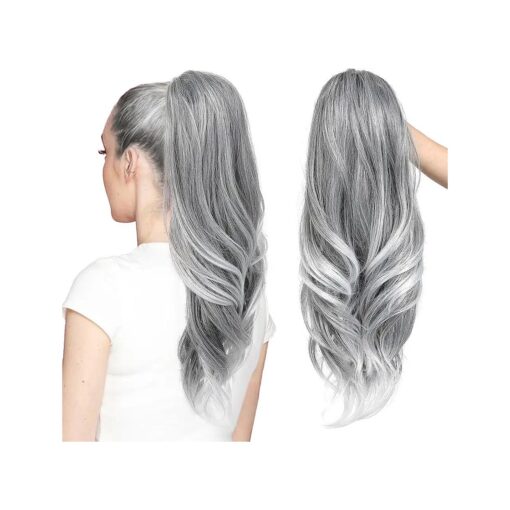 SEIKEA Versatile Drawstring Ponytail Extension, 26" Long Wavy Multi Layered Clip in Ponytail Hair Extensions Stand Up High Fake Pony Tail Soft Natural Synthetic Hairpiece Silver Grey to White