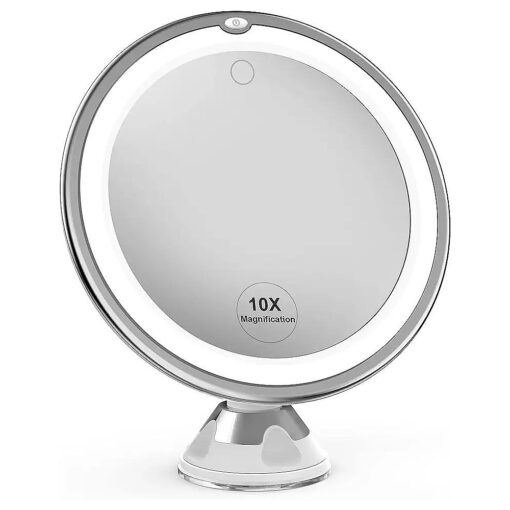 Venigo Upgraded 10x Makeup Mirror with Touch Control, Powerful Locking Suction Cup, and 360 Degree Rotating, Magnifying Mirror with Lights for Home, Bathroom and Travel