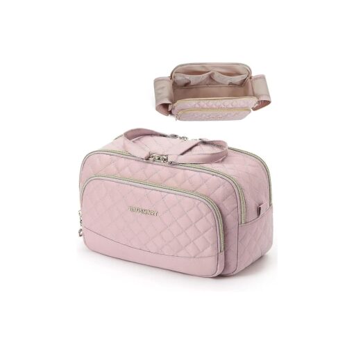 BAGSMART Travel Makeup Bag, Cosmetic Bag Organizer Case, Portable Makeup Travel bag for Women for Travel Accessories, Makeup Toiletry Bag with Dual-Zippered Large Wide-open and Handle-pink