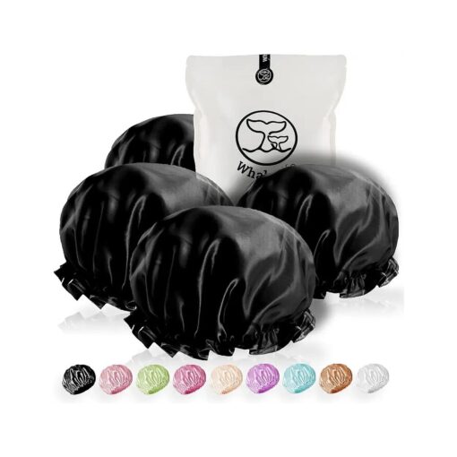 Extra Large Reusable Shower Cap for Men, Women ( Black 4 Pack ) Satin Double Layer EVA Waterproof Long Hair Cap