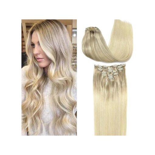 GOO GOO Clip in Hair Extensions Real Human Hair, 20inch 120g 7Pcs, 17/22/60 Balayage Ash Blonde to Golden Blonde and Platinum Blonde, Remy Human Hair Extensions Clip ins for Women, Natural Human Hair