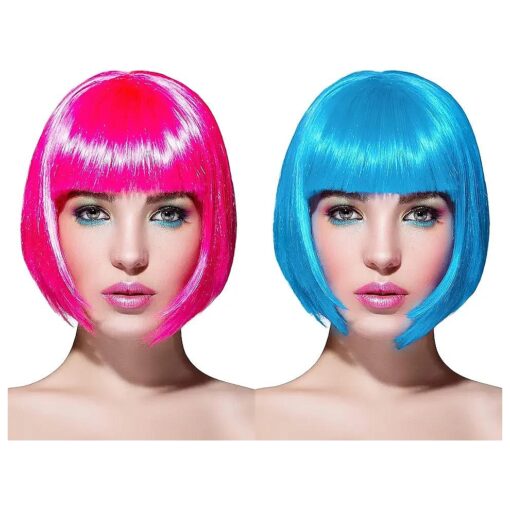 WILLBOND 2 Pieces Short Bob Hair Wigs Colorful Cosplay Costume Wig Party Hairpiece for Women Girls Daily ( Pink, Blue )