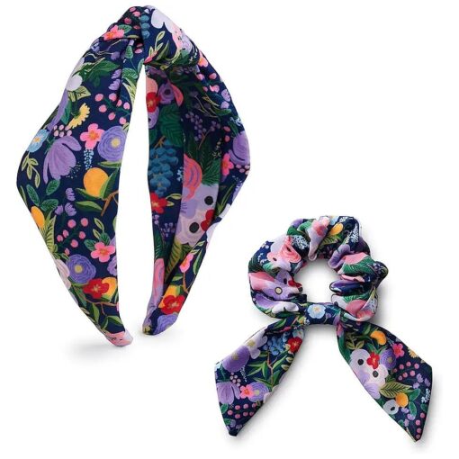 RIFLE PAPER CO. Garden Party Violet Knotted Fabric Headband & Scrunchie Set | Signature Floral Pattern, Top Off Your Outfit, Covered Plastic Band Durable for Everyday Use ( Gift for Mom, Teen, Girl )