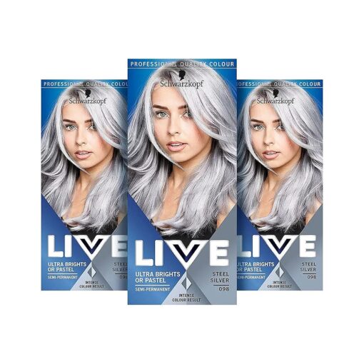 LIVE Ultra Bright or Pastel Grey Hair Dye, Pack of 3, Semi-Permanent Colour lasts up to 15 washes- 098 Silver Steel