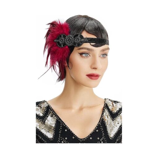 BABEYOND 1920s Flapper Headpiece Roaring 20s Great Gatsby Headband Vintage Feather Headband 1920s Flapper Gatsby Hair Accessories for Party ( Burgundy )