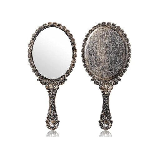 2Pcs Vintage Handheld Mirror, Decorative Mirrors for Face Makeup Cosmetic Mirror Hand Held Travel Mirrors Personal Cosmetic Mirror with Powder Puff ( Bronze )