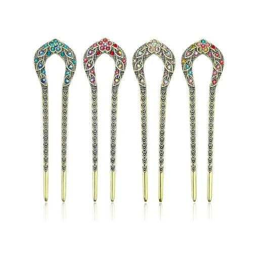 4 Pieces French Hair Pins, Metal U Shaped Hairpins, Vintage Double Prong Hair Forks Stick with Rhinestone Crystal, French Long Hair Hairstyle Accessories for Women