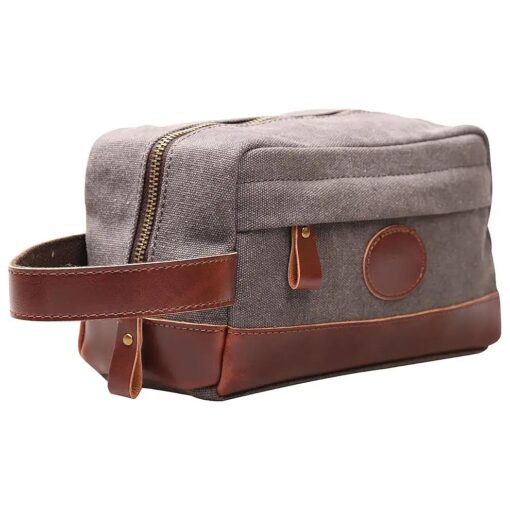 Vintage Leather Canvas Travel Toiletry Bag Shaving Dopp Kit # A001 ( Grey )