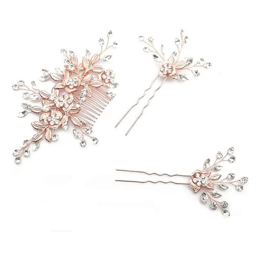 Denifery Wedding Pink Rhinestone Pearls Flower and Leaf Hair Comb Bridal Vintage Headpiece Crystal Women Hair Comb Bridal Hair Comb with 2 Pins Wedding Hair Piece Wedding Accessories