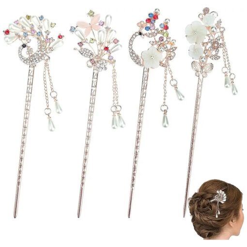 4 Pcs Rhinestone Pearl Flower Hair Stick Chinese Hair Chopsticks Vintage Tassel Hair Pin Chignon Pin Chopsticks Hair Styling Hair Making Accessories for Women ( 4 style )