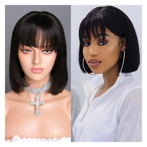 Short Human Hair Bob Wigs with Bangs Brazilian Virgin Human Hair Non Lace Front Straight Bob Wigs 150 % Density Glueless Machine Made Human Hair Wigs for Black Women 12 Inch