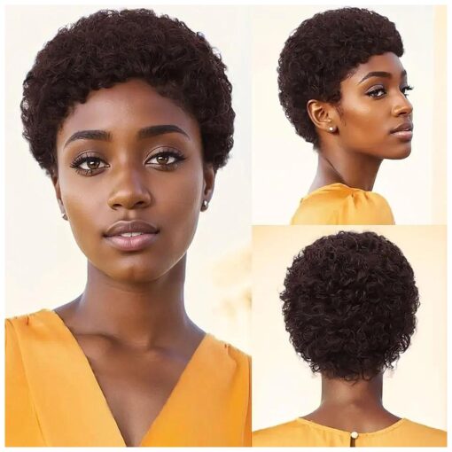 Glueless Wear And Go Short Curly Human Hair Wigs for Black Women Dark Brown Short Human Hair Wig With Bangs Brazilian Virgin Human Hair Wigs None Lace Frontal Wigs for Daily Use