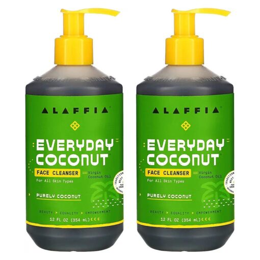 Alaffia Everyday Coconut Face Cleanser for All Skin Types, Leaves Skin Fresh and Hydrated with Fair Trade Coconut Oil & Neem, Vegan, Cruelty Free, No Parabens, Purely Coconut, 2 Pack - 12 Fl Oz Ea