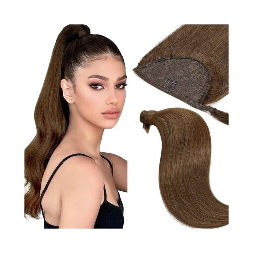 Loxxy Ponytail Hair Extensions Wrap Around Hair Extension Ponytail Real Human Chocolate Brown Clip in Natural Hair Ponytail Hairpiece Virgin 22 Inch 90g