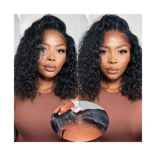 14 Inch Wear and Go Glueless Wigs Human Hair Pre Plucked Water Wave Bob Wig Human Hair Wigs 180 % Density Glueless Wig Pre Cut Lace for Beginners 4x4 Lace Closure Wig for Women