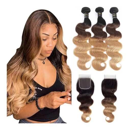 12A Ombre Body Wave Bundles With Closure Brazilian Virgin Remy 100 % Human Hair Ombre 3 Tone T1B/4/27 Color Human Hair Extensions 3 Bundles with 4x4 Lace Closure ( 18 20 22+16, 1B # /4 # /27 # )