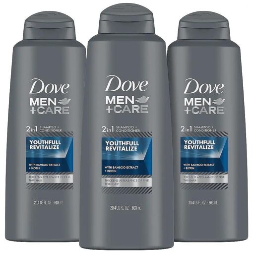 DOVE MEN + CARE 2 in 1 Shampoo and Conditioner Youthfull Revitalize 3 Count For Fine, Thin Hair Men 's Shampoo and Conditioner with Bamboo Extract + Biotin 20.4 oz