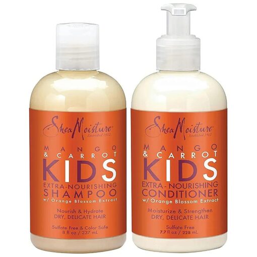 Shea Moisture Mango & Carrot Kids, Extra-Nourishing, Shampoo ( 8 Oz ) and Conditioner ( 7.7 Oz ), Orange Blossom Extract, Dry, Delicate Hair, Vitamin B-5 & Vitamin E, 2 Piece Set