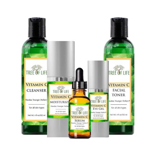 Tree of Life Vitamin C Brightening Complete 5-Pack : Serum ( 1 Oz ), Moisturizer Cream ( 1.7 Oz ), Eye Gel, ( 0.5 Oz ), Toner ( 4 oz ), Cleanser ( 4 oz ), Renewing for Face, Clean Dermatologist-Tested Skin care