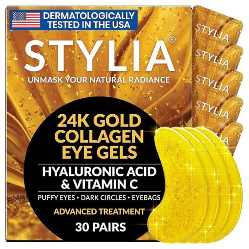 Under Eye Patches for Dark Circles and Puffy Eyes ( 30 Pairs ), 24k Gold Eye Mask for Dark Circles and Puffiness with Vitamin C, Hyaluronic Acid, and Pearl Extract, Collagen Eye Gel Pads for Puffiness