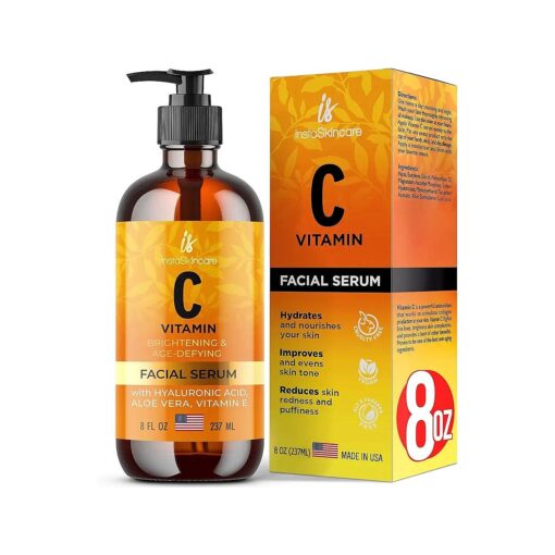 InstaSkincare Vitamin C Serum for Face and Eyes with Hyaluronic Acid and Vitamin E - Brightening Serum, Dark Spots, Eye Area, Wrinkles 8Oz