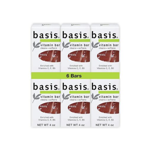 Basis Vitamin Bar Soap - Cleans and Softens with Vitamin C, E, and B5 - Use for Body Wash or Hand Soap - Pack of 6 Bars