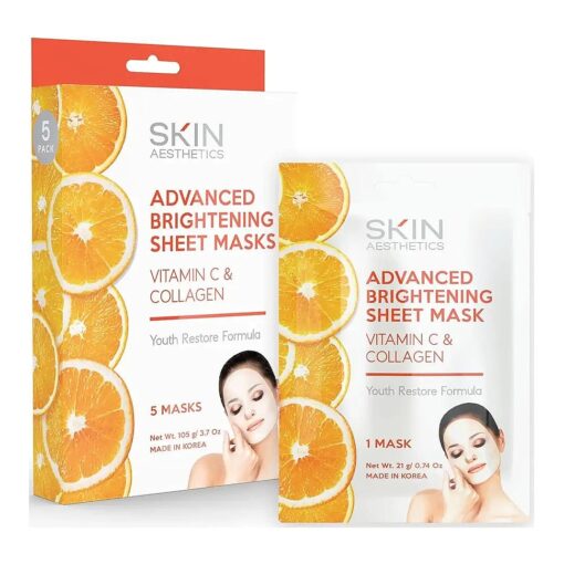 Vitamin C & Collagen Sheet Face Mask - Reduce Wrinkles & Age Spots, Moisturizes, Hydrating & Advanced Brightening Sheet Mask - Cruelty Free Korean Skin Care - All Skin Types - 5 Masks