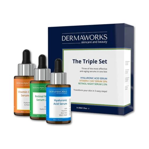 Dermaworks Skin Care Set - Vitamin C Face Serum, Retinol Serum & Hyaluronic Acid Serum - Serum for Face Anti Aging Skin Care Set - Brightening, Dark Spot Correcting, Acne Treatment Facial Serum