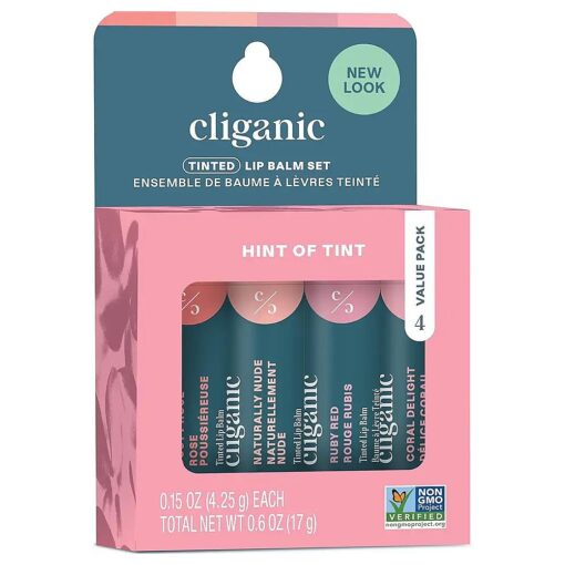 Cliganic Tinted Lip Balm - Non-GMO, 4 Colors - Enriched with Vitamin E, Cruelty Free ( Packaging May Vary )