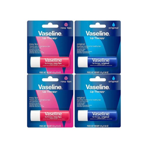 Vaseline Lip Therapy Variety 4-Pack - Original + Rosy Lips Moisturizing Lip Balm with Vitamin E, 0.16 Oz Ea