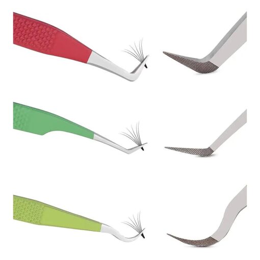 SIVOTE Lash Tweezers for Eyelash Extensions Fiber Tips, Set of 3, 45 Degree, Curved, Volume Boot, Dark Green Red Green