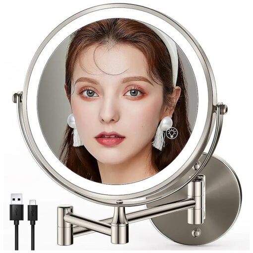 8.5 Inch Rechargeable Wall Mounted Makeup Mirror Brushed Nickel, Double Side Dual-Touch 1X/10X Magnifying Mirror with Light, 3 Color Lights 360degSwivel Extendable Bathroom Mirror