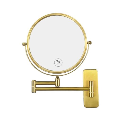 Brass Make up Mirror Wall Mounted,1X and 7X Double-Sided Magnifying Mirror Brass Vanity Mirror for Bathroom Wall Extendable Swivel, Antique Brass Finish ( 8 Inch, 7X )