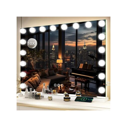 FENNIO Hollywood Vanity Mirror with Lights 32x24.5 Large Lighted Mirror Makeup Mirror with 18 Dimmable LED Bulbs and 10X Magnification 3Color Lighting USB Charging Port for Vanity Desk Tabletop