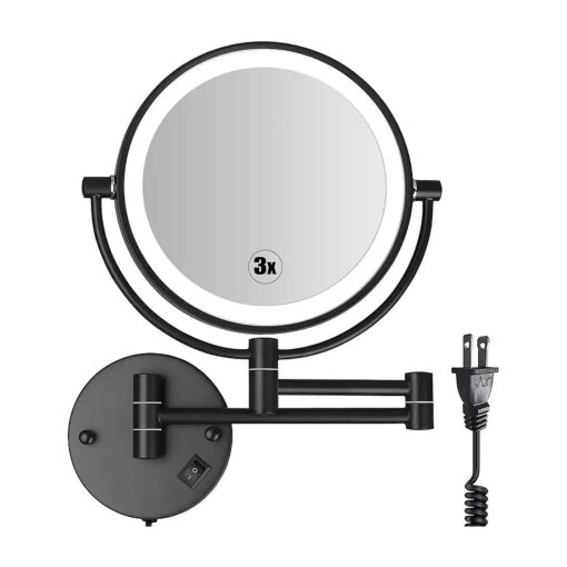 Wall Mounted Lighted Makeup Mirror - Matte Black, 8Inch Double Sided Mirror with 1X/ 3X Magnification, One Button Switch, Extendable Arm 360deg Swivel Shaving Cosmetic Mirror Powered by Plug in