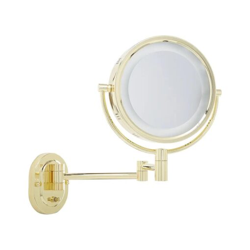 Jerdon Two-Sided Wall-Mounted Makeup Mirror With Halo Lighting - Lighted Makeup Mirror with 5X Magnification & Wall-Mount Arm - Round Mirror with Brass Finish Wall Mount - Model HL65G