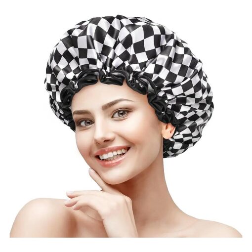 mikimini Shower Cap for Women, Reusable, Double Layers Waterproof Bathing Shower Hat with Soft Comfortable PEVA Lining, Non-fading, Stretchy & Shower Cap for Long Hair Medium Pack of 2, Checkered