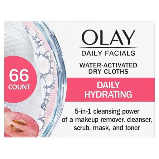 Olay Daily Facials, Daily Clean Makeup Removing Facial Cleansing Wipes, 5-in-1 Water Activated Cloths, Exfoliates, Tones and Hydrates Skin, 66 count