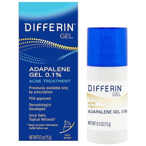 Differin Acne Treatment Gel, 30 Day Supply, Retinoid Treatment for Face with 0.1 % Adapalene, Gentle Skin Care for Acne Prone Sensitive Skin, 15g Pump