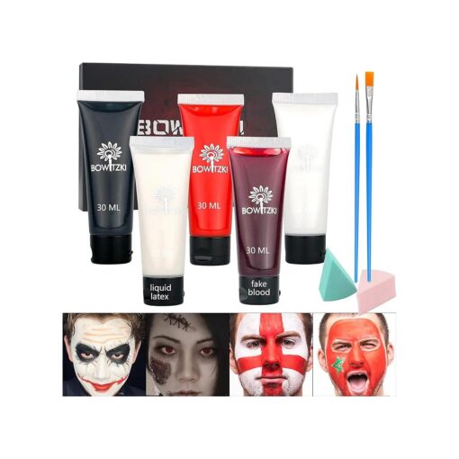 Bowitzki Cream Face Paint Halloween Makeup Kit Water Based Liquid Latex Fake Blood Brush Sponges Body Painting Special Effects SFX Zombie Vampire Monster Christmas Party red black white ( Halloween Kit )