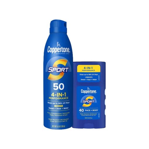 Sport Sunscreen Spray, Broad Spectrum SPF 50 Water Resistant Spray Sunscreen, 5.5 Oz and Coppertone Sport Sunscreen Stick, SPF 40, 1.5 Oz