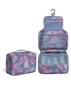 Ginsco Hanging Travel Toiletry Bag, Makeup Bag for Women Cosmetic Bag, Water Resistant Toiletries Bag for Travel, Bathroom Organizer with Hanging Hook 3 Compartments Flamingo