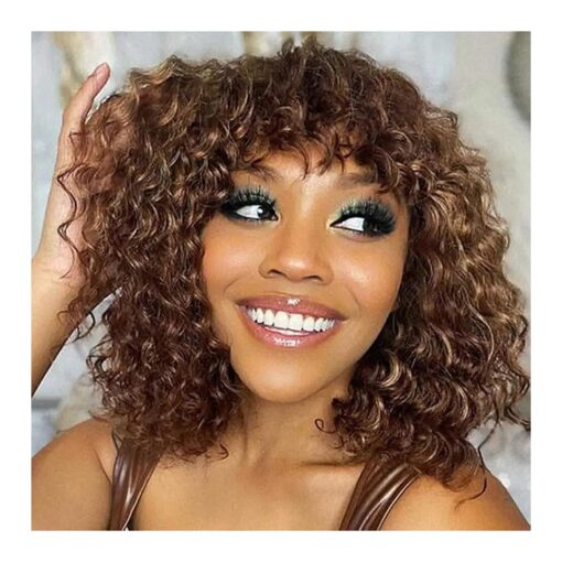 12" Highlights Curly Human Hair Wig with Bangs Short Curly Bob Wigs for Black Women Water Wave Human Hair Wig with Bangs Blonde Highlight Curly Wigs Wear and Go None Lace Front Glueless Wig F4/27