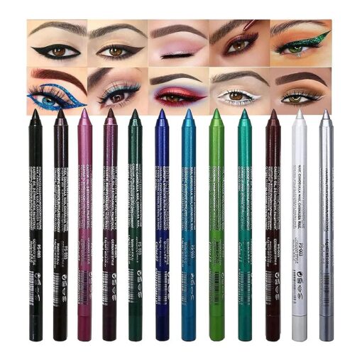 evpct 12Pcs Green Blue White Black Brown Purple Color Gel Glitter Eyeliner Pencils Set for Women Waterline Waterproof Smudge Proof lapiz de ojos delineador de ojos contra el agua Eye Liner Makeup 1-5