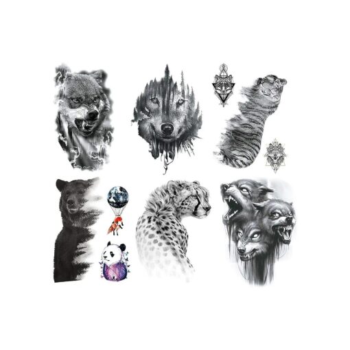 6 Sheets Animal Temporary Tattoos, Black Strong Wolf Tiger Tattoo Stickers for Men Women Adults Waterproof Fake Tattoos