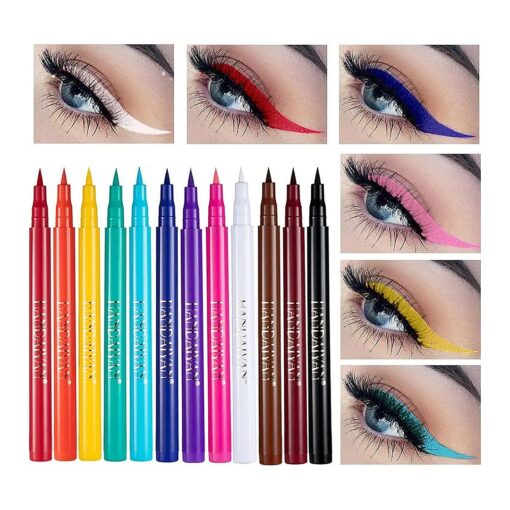 12PCS Matte Rainbow Colorful Liquid Eyeliner Set, 12 Colors Soft and Hyper Sharp Tip Brush Eyeliner, Waterproof High Pigmented Eyeliner Pen Set