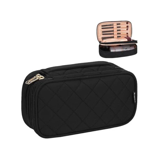 Relavel Small Makeup Bag, Travel Makeup Bag, Cosmetic Bag for Women, 2 Layer Travel Makeup Organizer, Black Make Up Pouch Waterproof, Makeup Brush Holder, Durable Zipper ( Black )